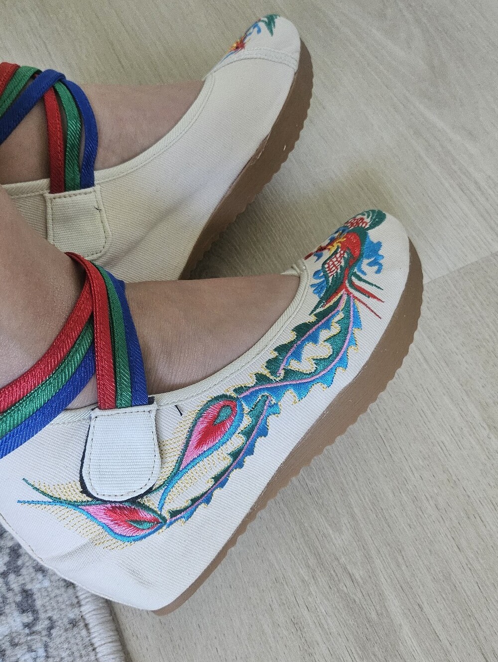 Cream Embroidered Canvas Mary Jane Flats with Colorful Straps
